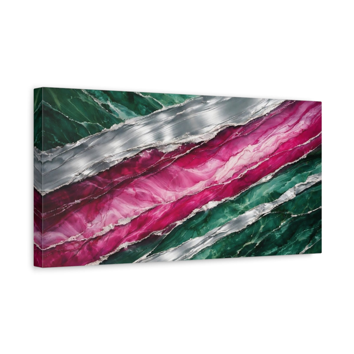 Side Mockup 3. Abstract Abstract Pattern Green Pink Silver shown as stretched canvas wall art