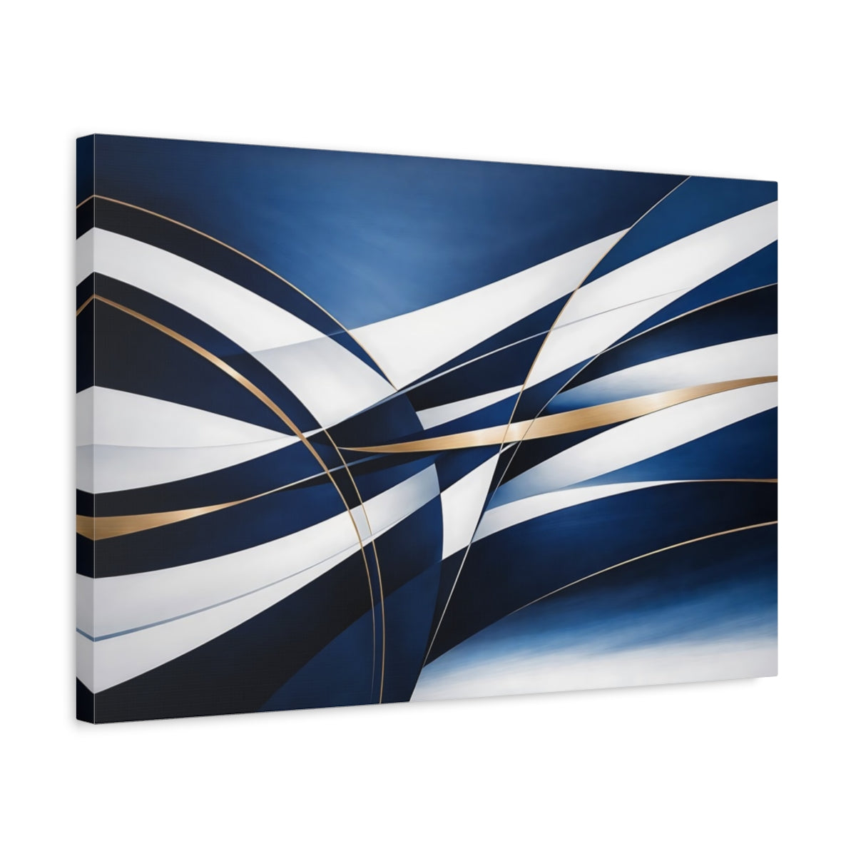 Side Mockup 3. Abstract Abstract Ribbons Blue And Gold Abstract shown as stretched canvas wall art