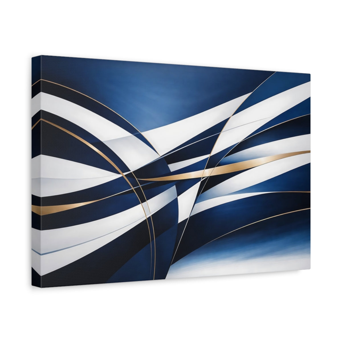 Side Mockup 4. Abstract Abstract Ribbons Blue And Gold Abstract shown as stretched canvas wall art