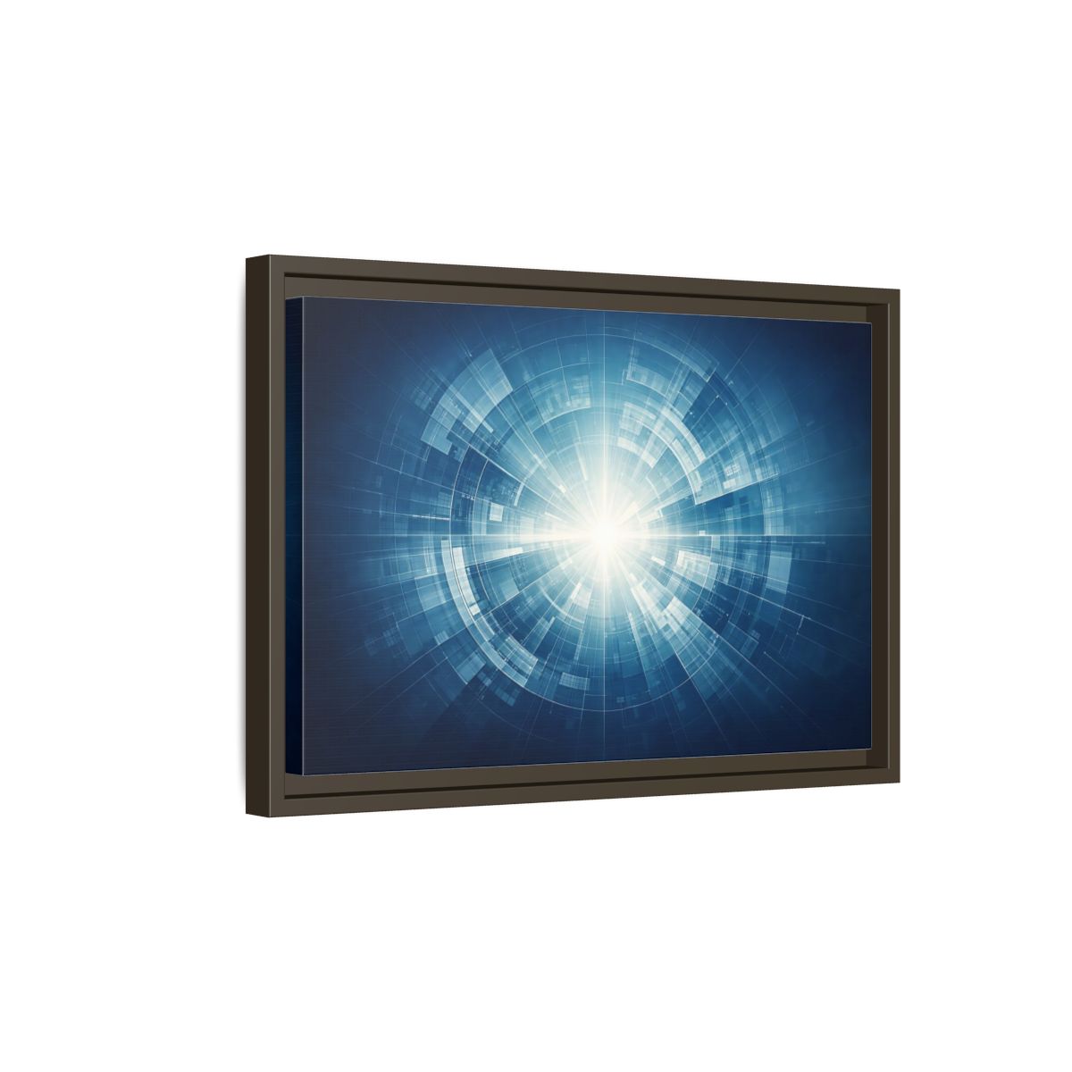 Side Mockup 5. Science Fiction Digital Portal Blue And White shown as stretched canvas wall art