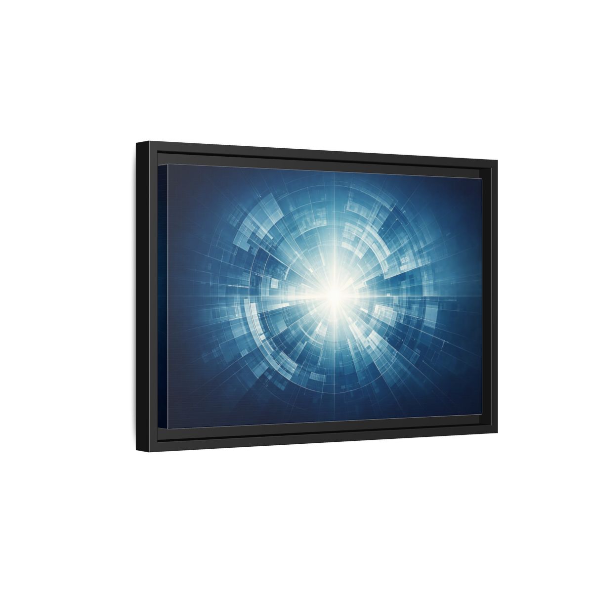 Side Mockup 6. Science Fiction Digital Portal Blue And White shown as stretched canvas wall art