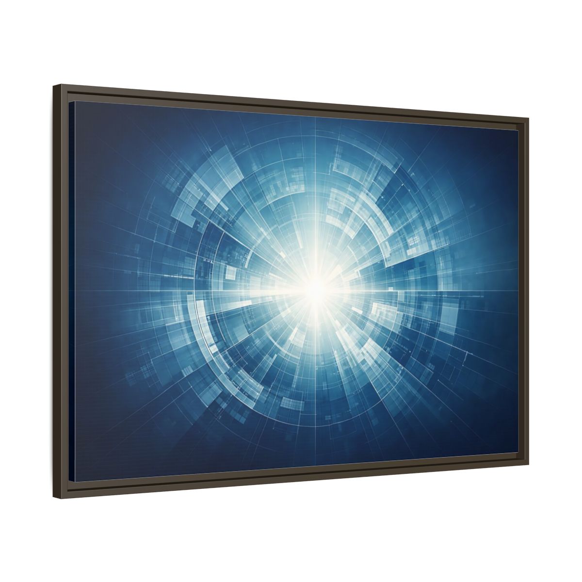 Side Mockup 9. Science Fiction Digital Portal Blue And White shown as stretched canvas wall art