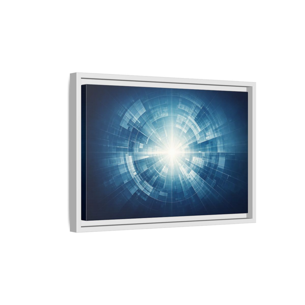 Side Mockup 4. Science Fiction Digital Portal Blue And White shown as stretched canvas wall art