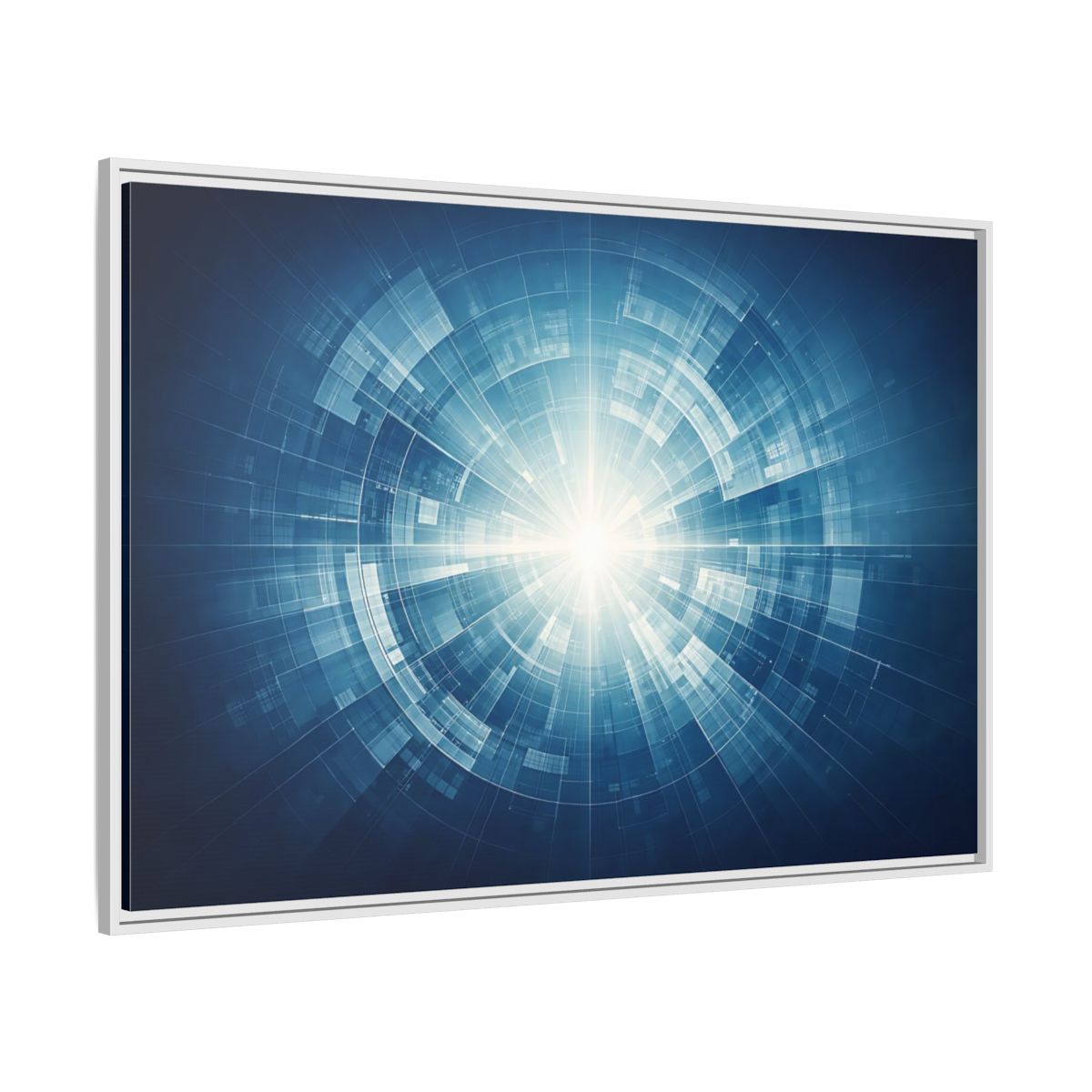 Side Mockup 7. Science Fiction Digital Portal Blue And White shown as stretched canvas wall art