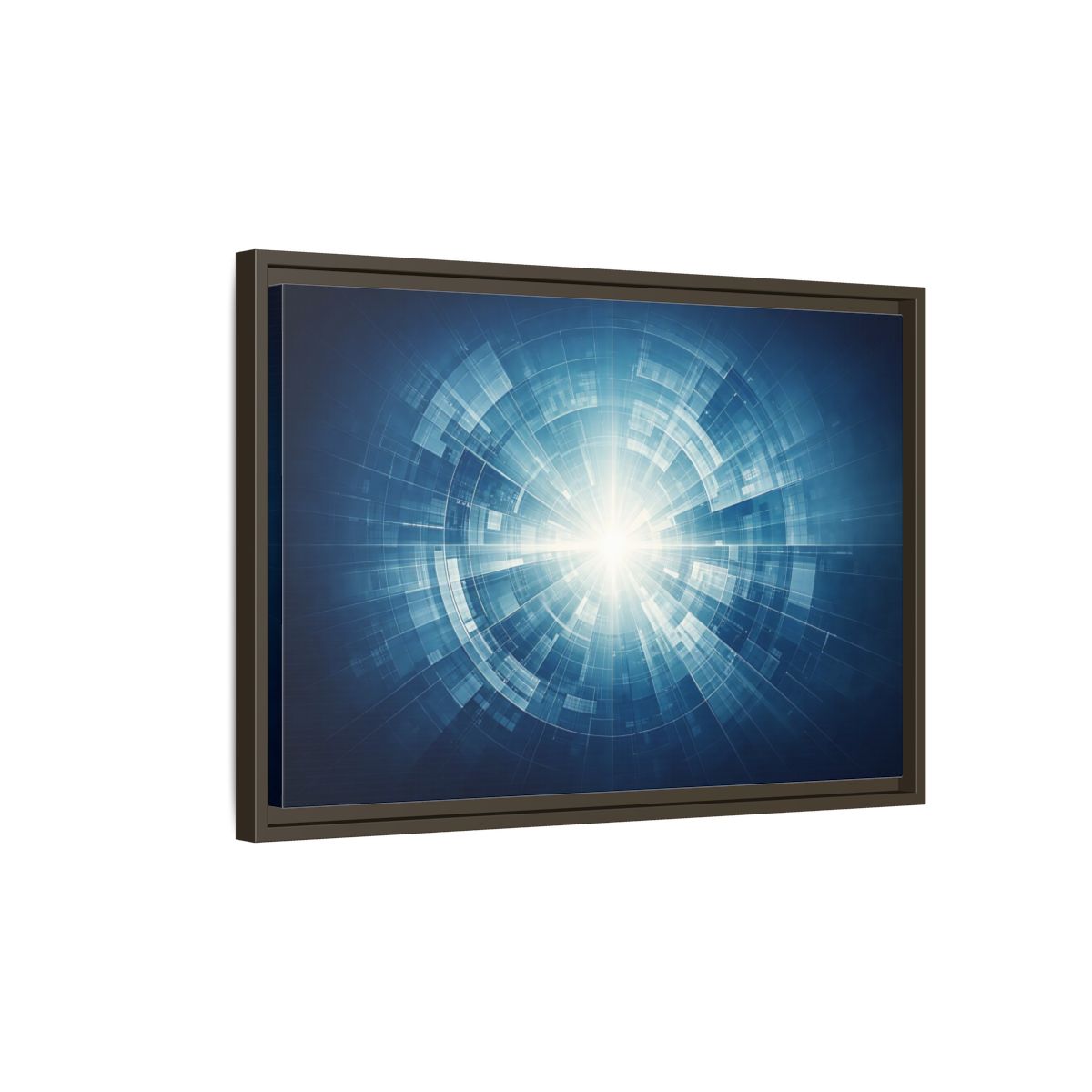 Side Mockup 2. Science Fiction Digital Portal Blue And White shown as stretched canvas wall art