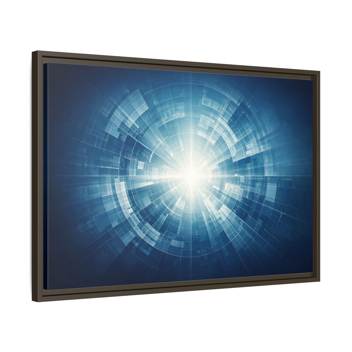 Side Mockup 11. Science Fiction Digital Portal Blue And White shown as stretched canvas wall art