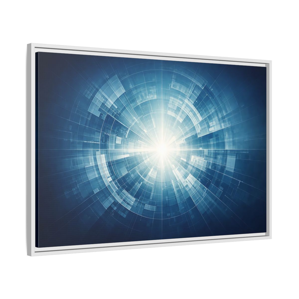 Side Mockup 8. Science Fiction Digital Portal Blue And White shown as stretched canvas wall art