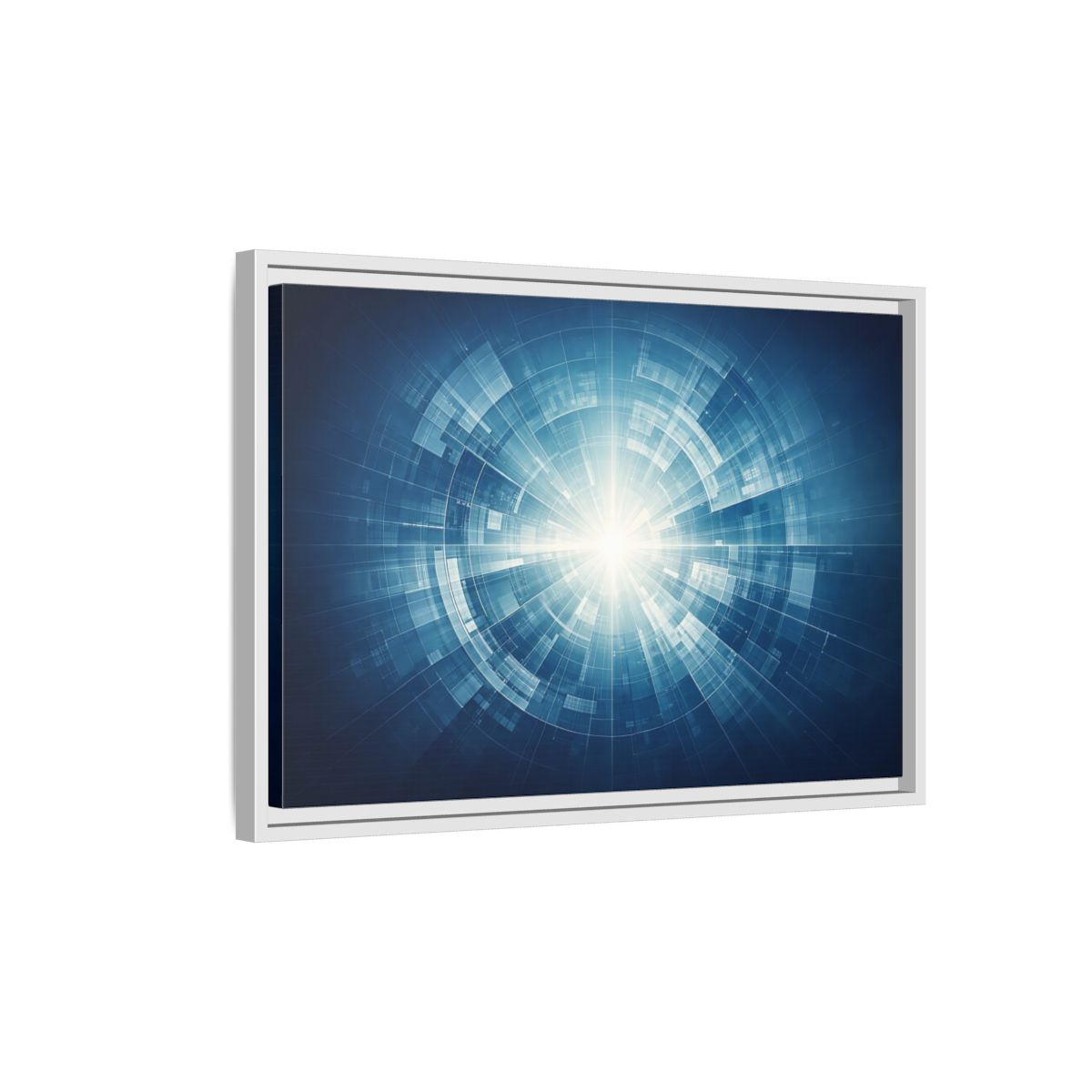 Side Mockup 1. Science Fiction Digital Portal Blue And White shown as stretched canvas wall art