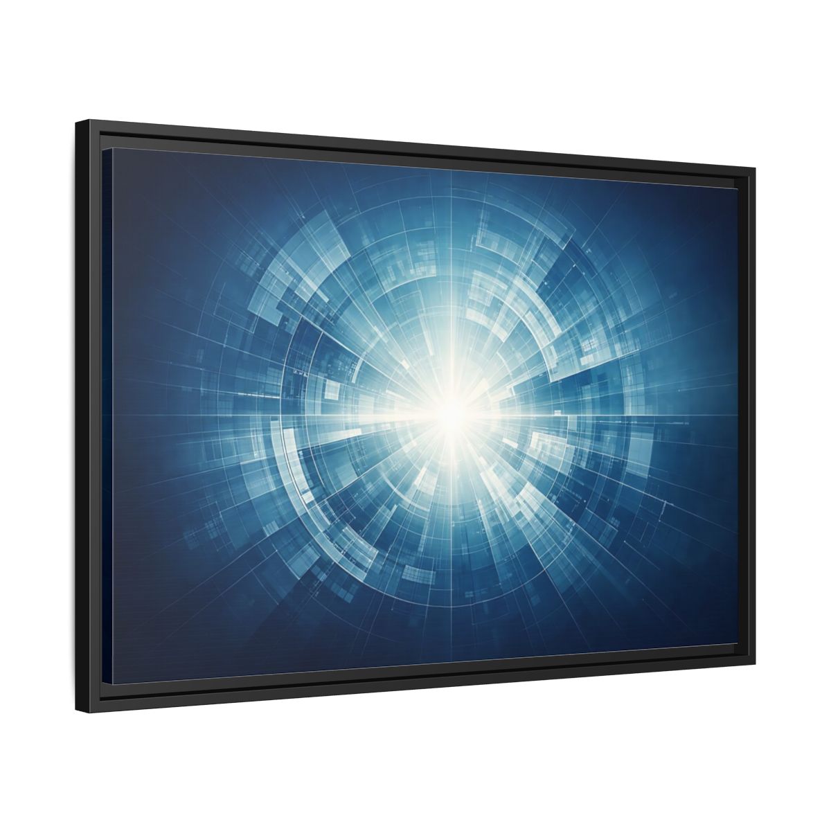 Side Mockup 14. Science Fiction Digital Portal Blue And White shown as stretched canvas wall art