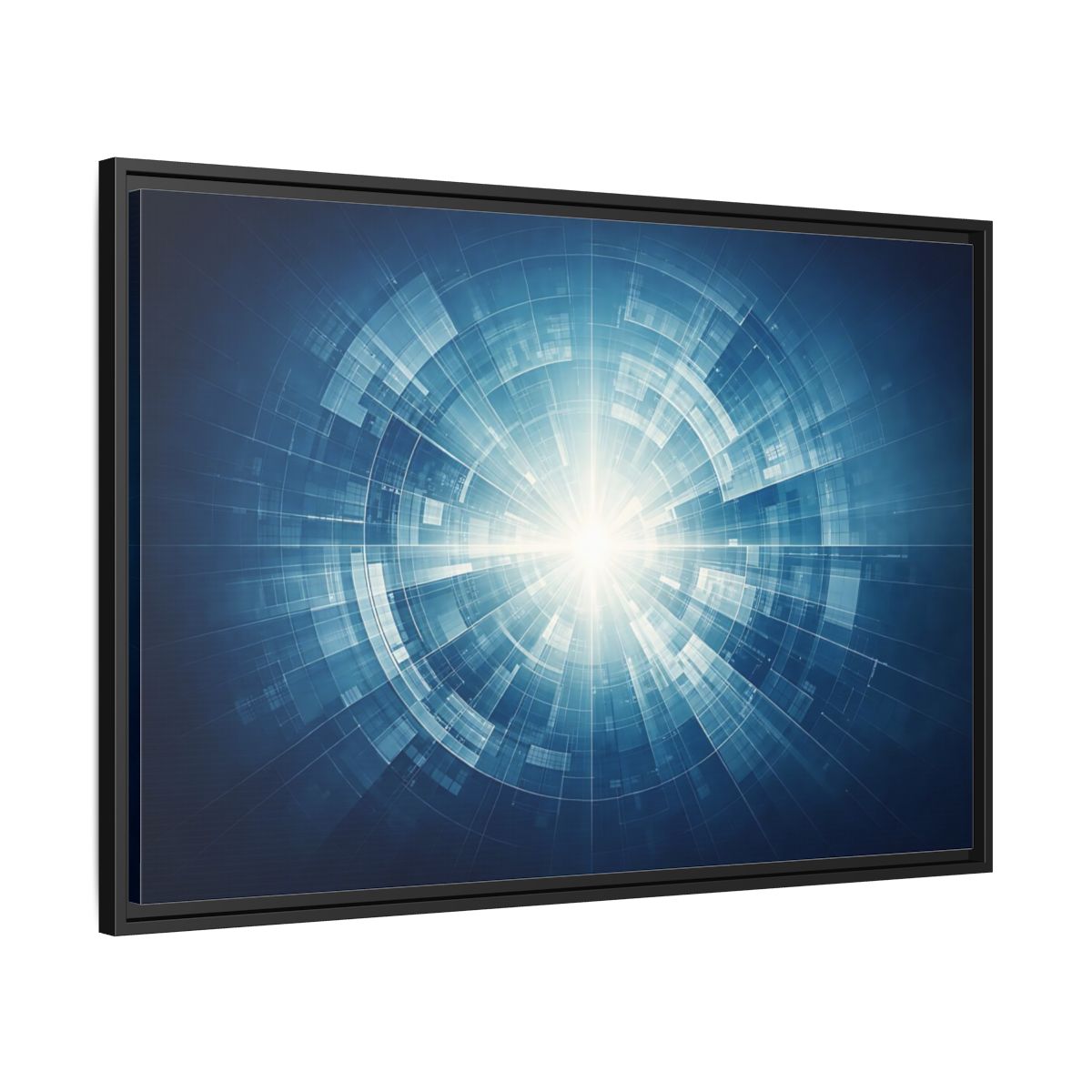 Side Mockup 13. Science Fiction Digital Portal Blue And White shown as stretched canvas wall art