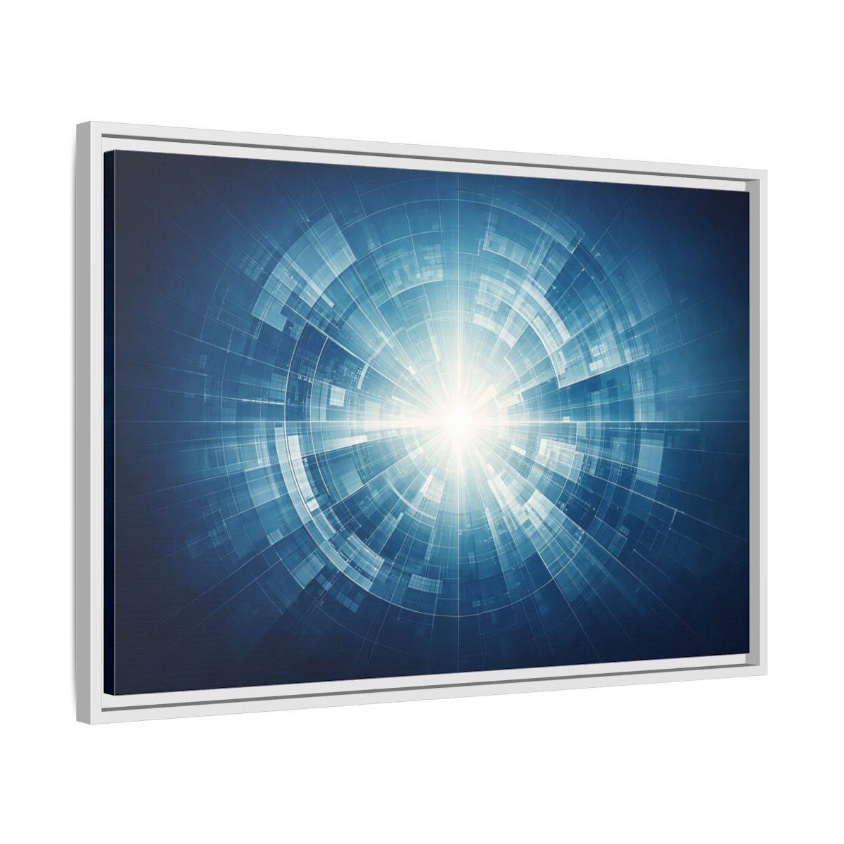 Side Mockup 10. Science Fiction Digital Portal Blue And White shown as stretched canvas wall art