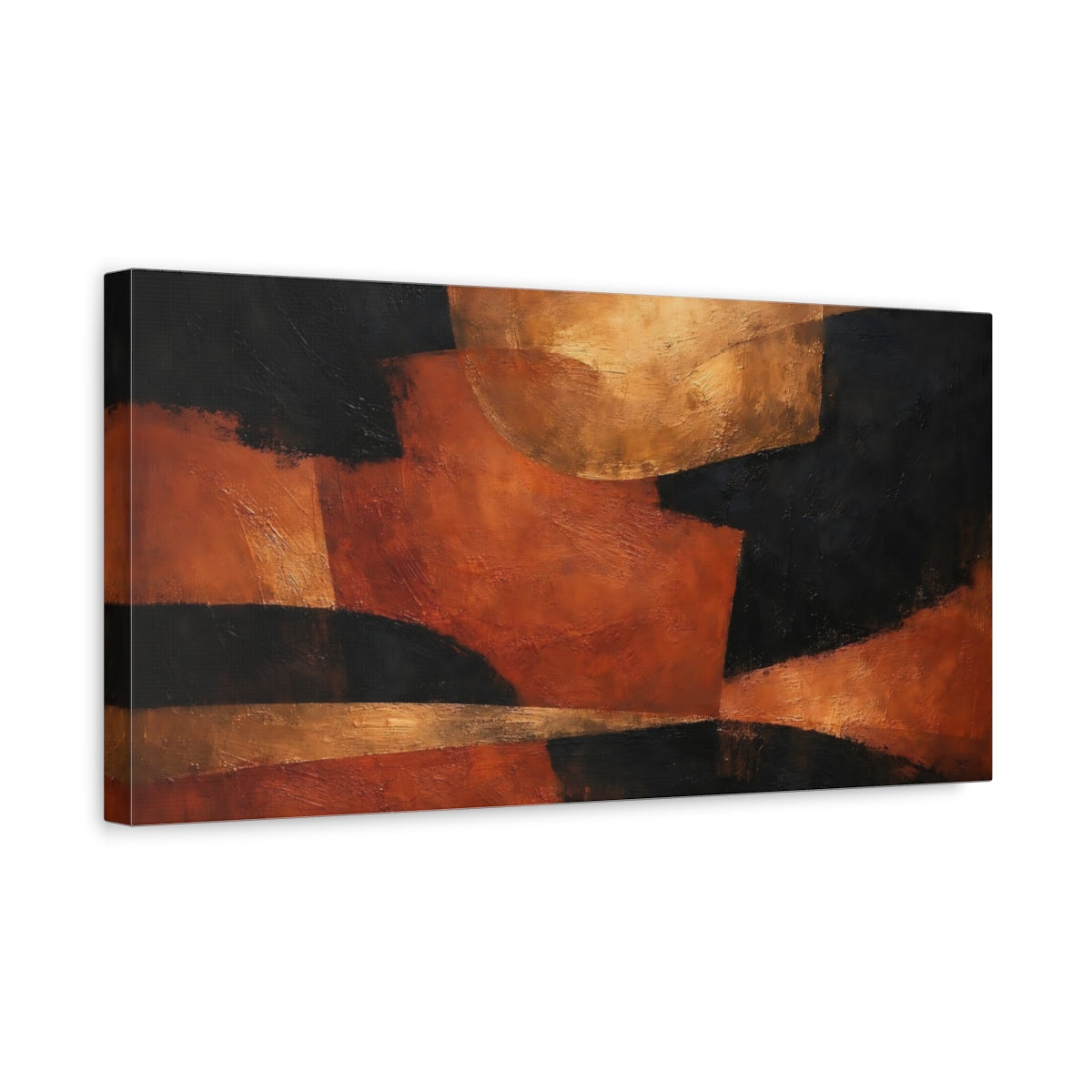 Side Mockup 3. Abstract Abstract Shapes Black Orange Gold Abstract shown as stretched canvas wall art