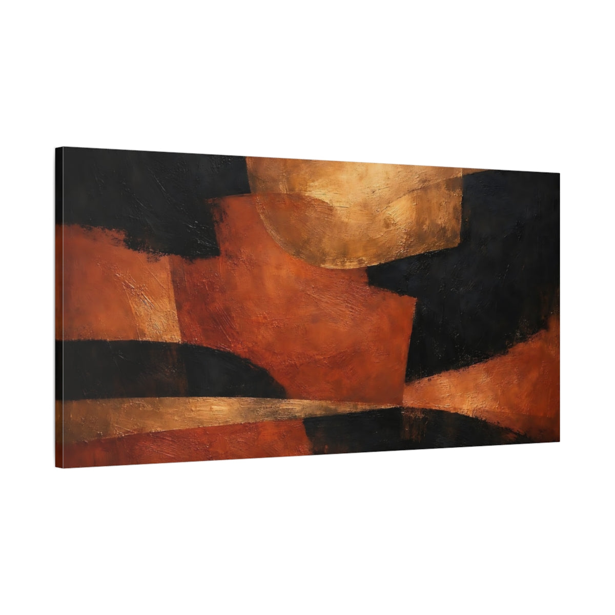 Side Mockup 1. Abstract Abstract Shapes Black Orange Gold Abstract shown as stretched canvas wall art