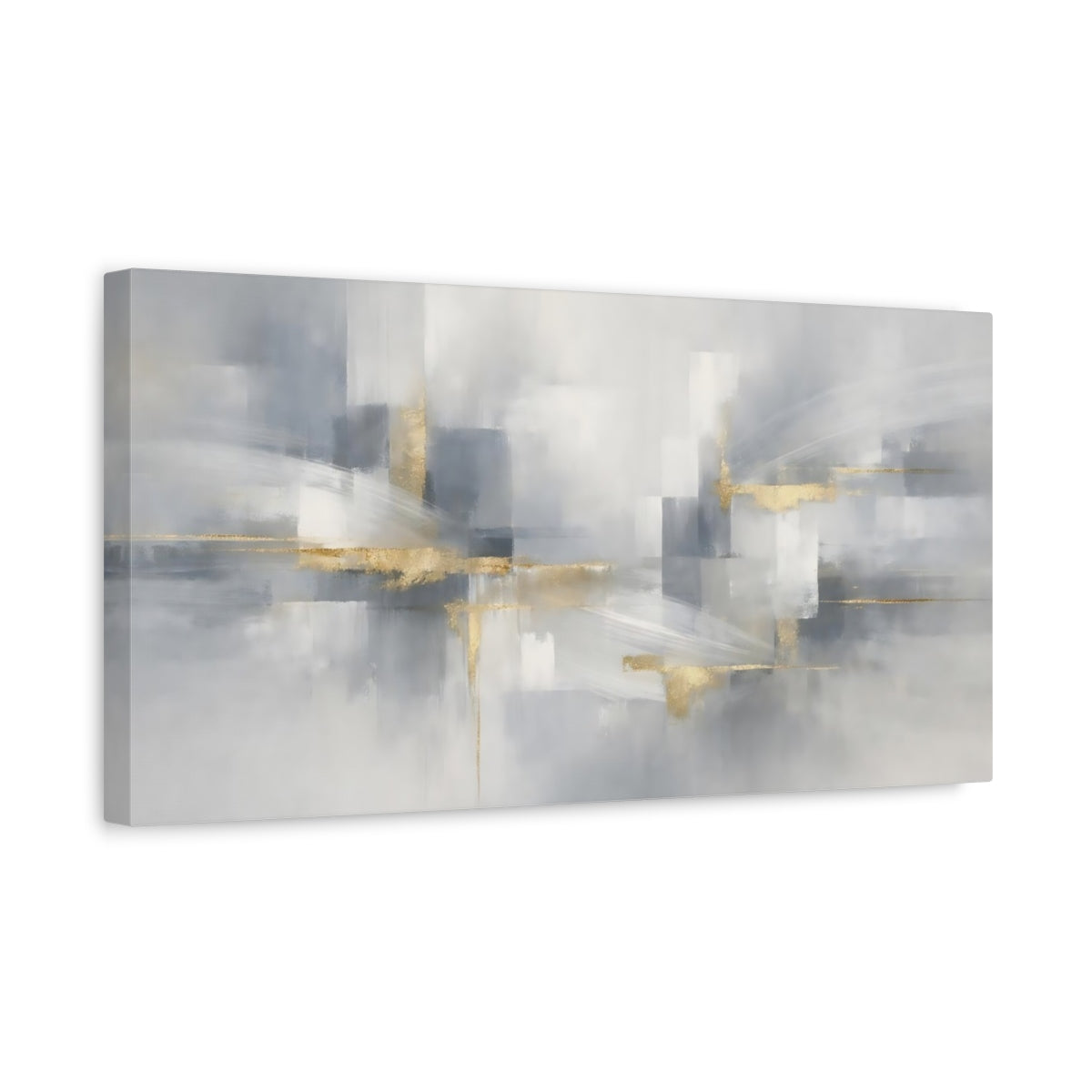 Side Mockup 3. Abstract Abstract Shapes Gray Gold Abstract shown as stretched canvas wall art