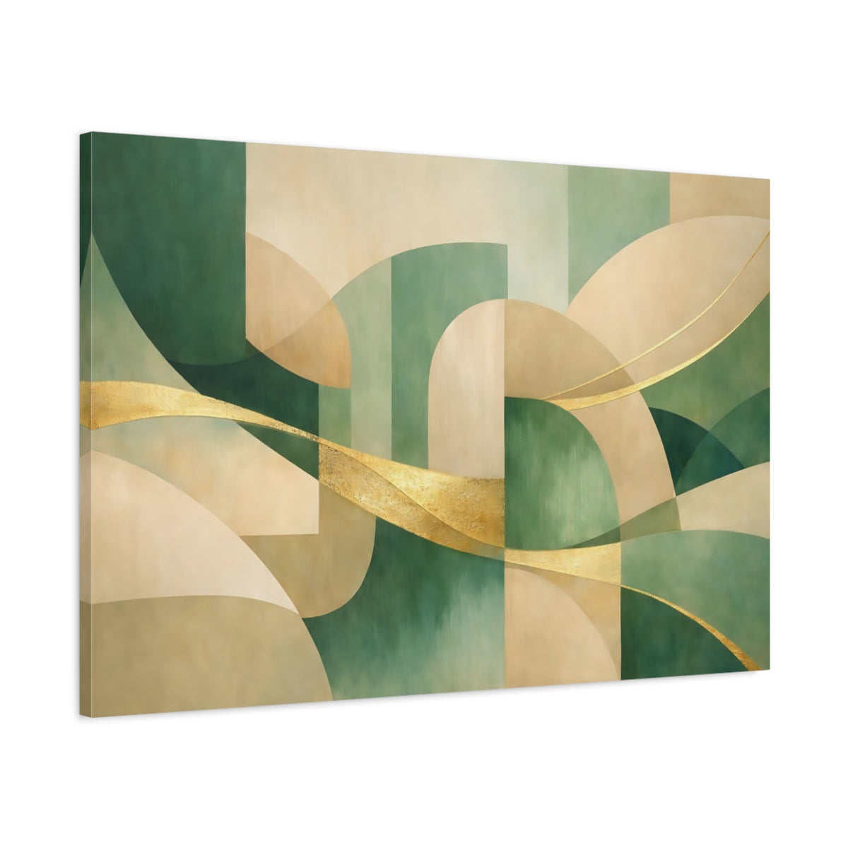 Side Mockup 1. Abstract Abstract Shapes Green And Gold Abstract shown as stretched canvas wall art