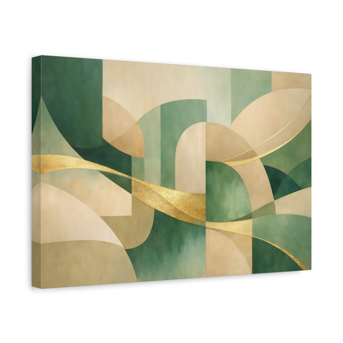 Side Mockup 4. Abstract Abstract Shapes Green And Gold Abstract shown as stretched canvas wall art