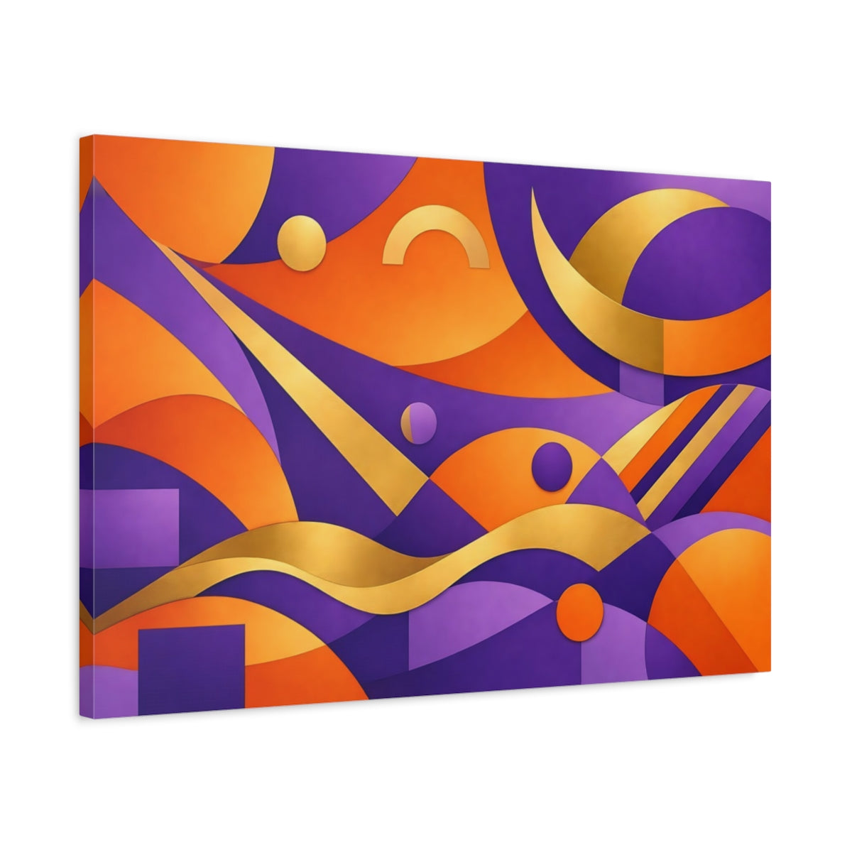 Side Mockup 2. Abstract Abstract Shapes Purple Orange Gold shown as stretched canvas wall art