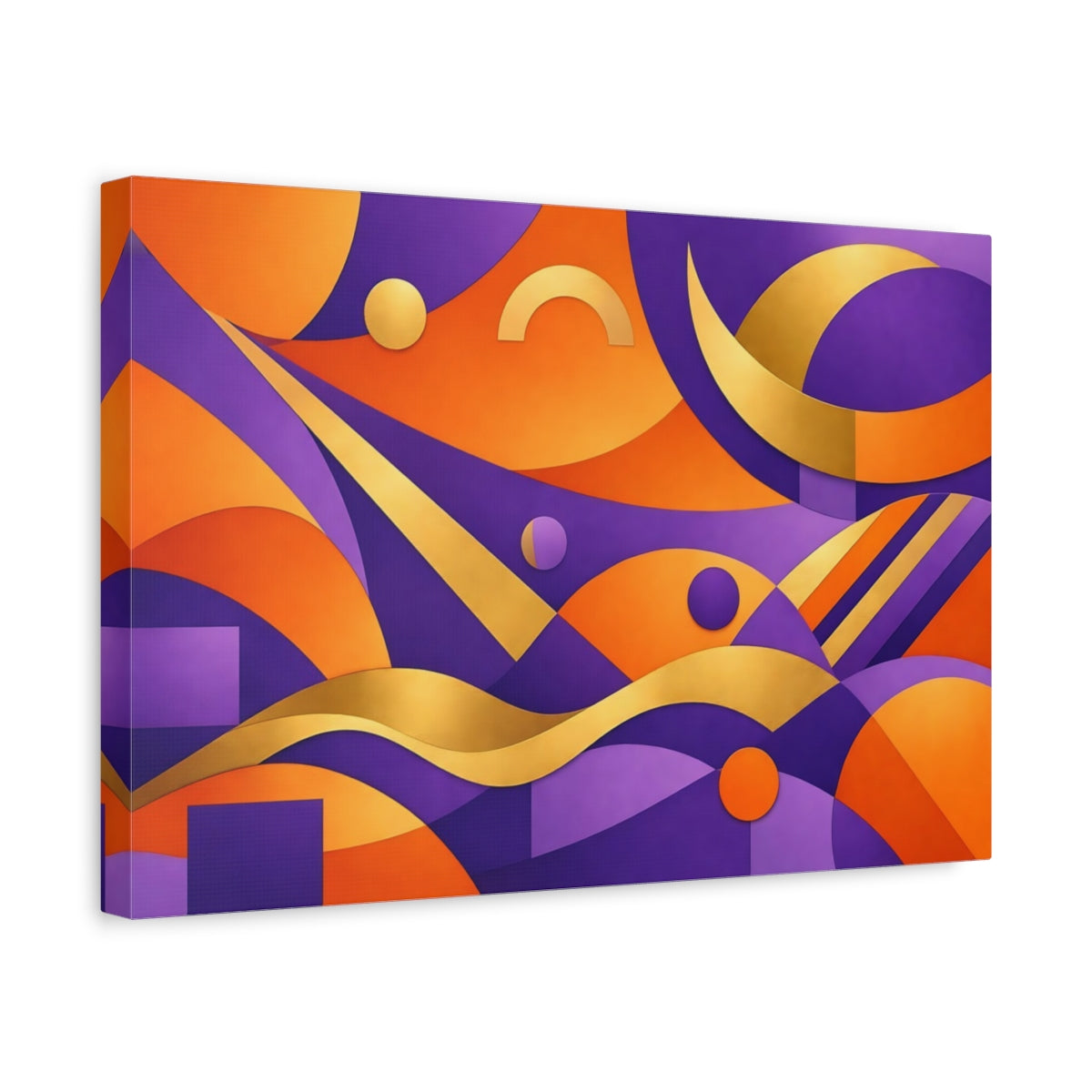 Side Mockup 4. Abstract Abstract Shapes Purple Orange Gold shown as stretched canvas wall art