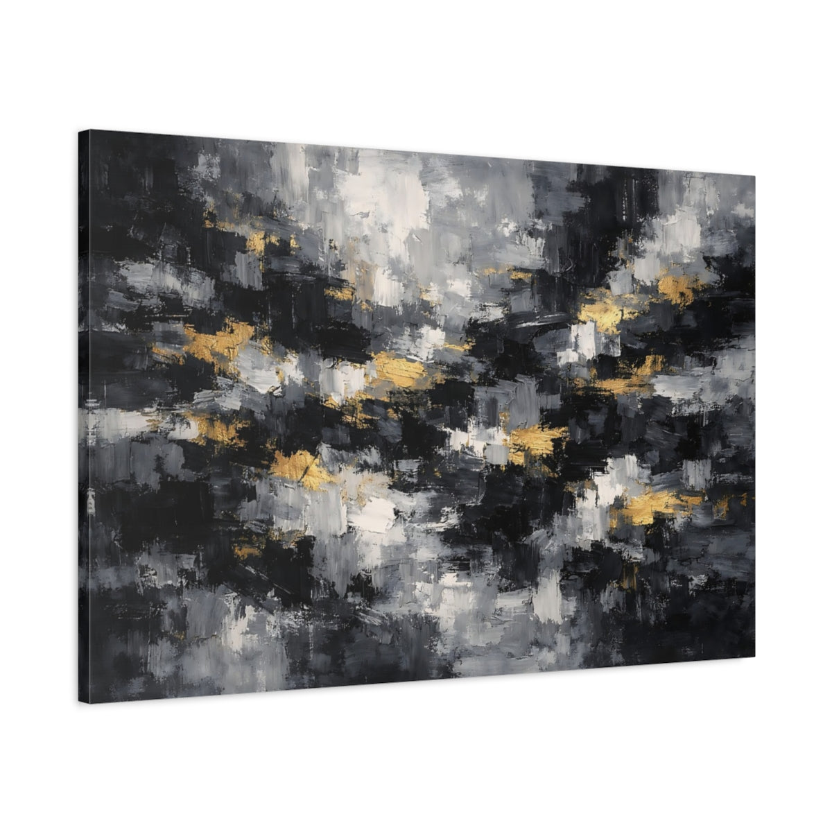 Side Mockup 1. Abstract Abstract Strokes Black Gray Gold shown as stretched canvas wall art