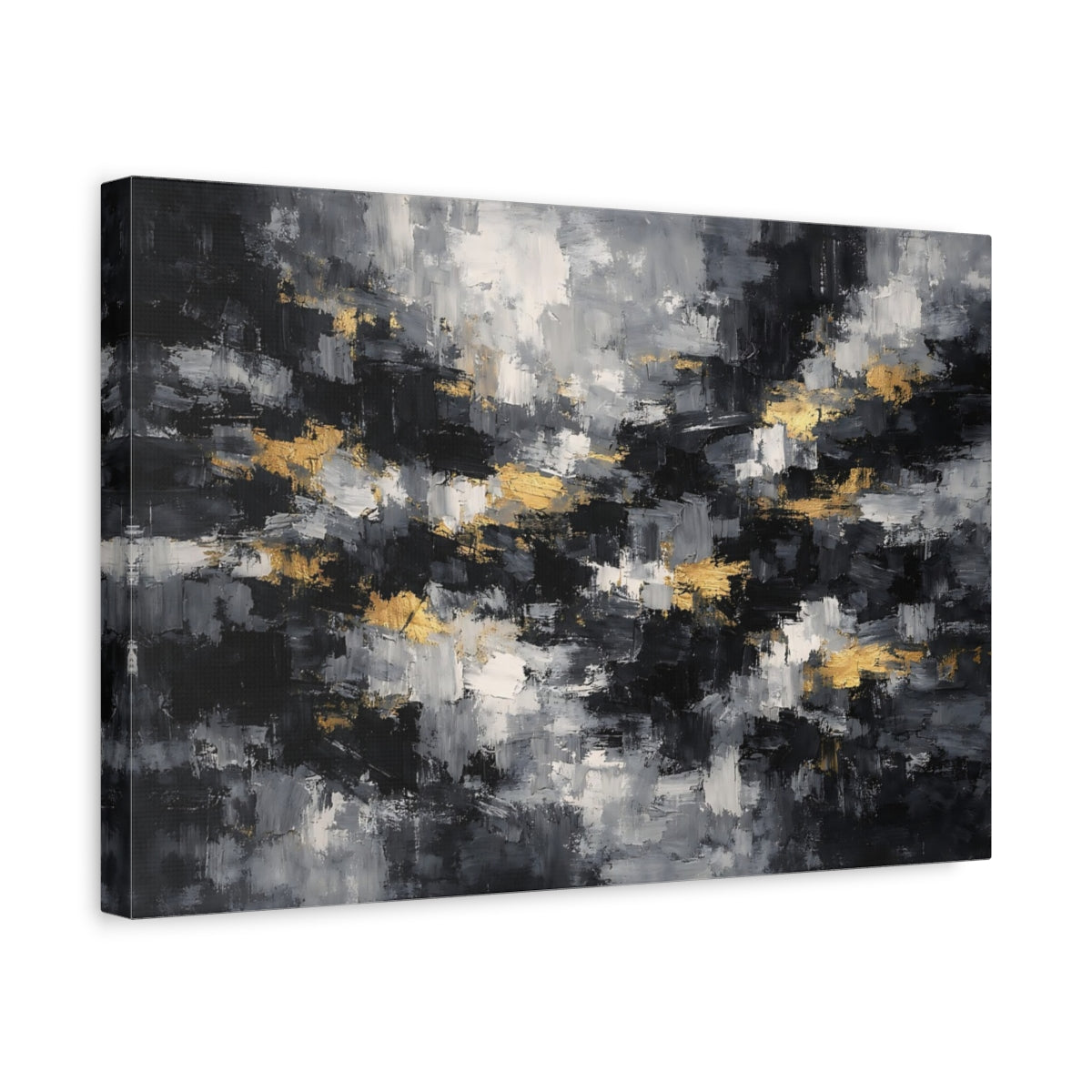 Side Mockup 4. Abstract Abstract Strokes Black Gray Gold shown as stretched canvas wall art