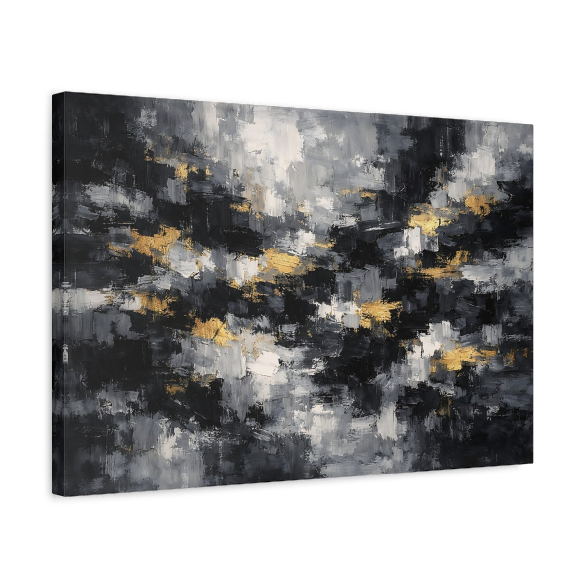 Side Mockup 3. Abstract Abstract Strokes Black Gray Gold shown as stretched canvas wall art