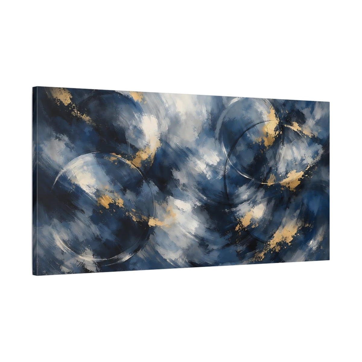 Side Mockup 1. Abstract Abstract Strokes Blue And Gold Abstract shown as stretched canvas wall art