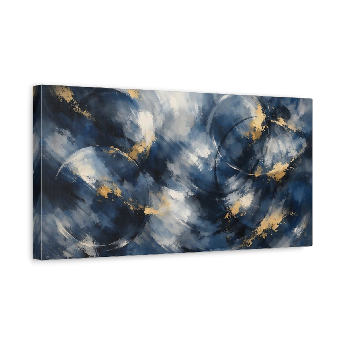 Side Mockup 3. Abstract Abstract Strokes Blue And Gold Abstract shown as stretched canvas wall art