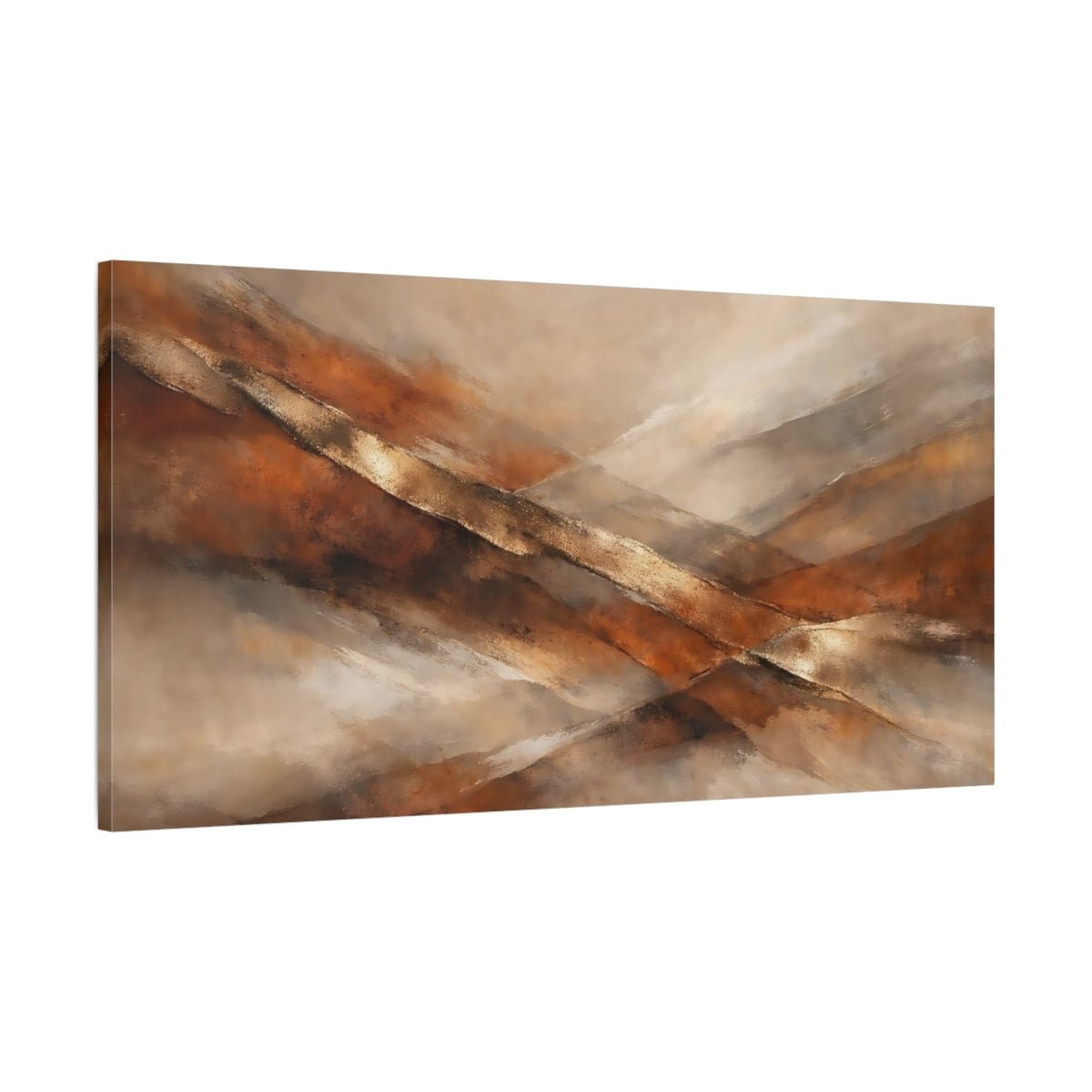 Side Mockup 1. Abstract Abstract Strokes Brown And Gold Abstract shown as stretched canvas wall art