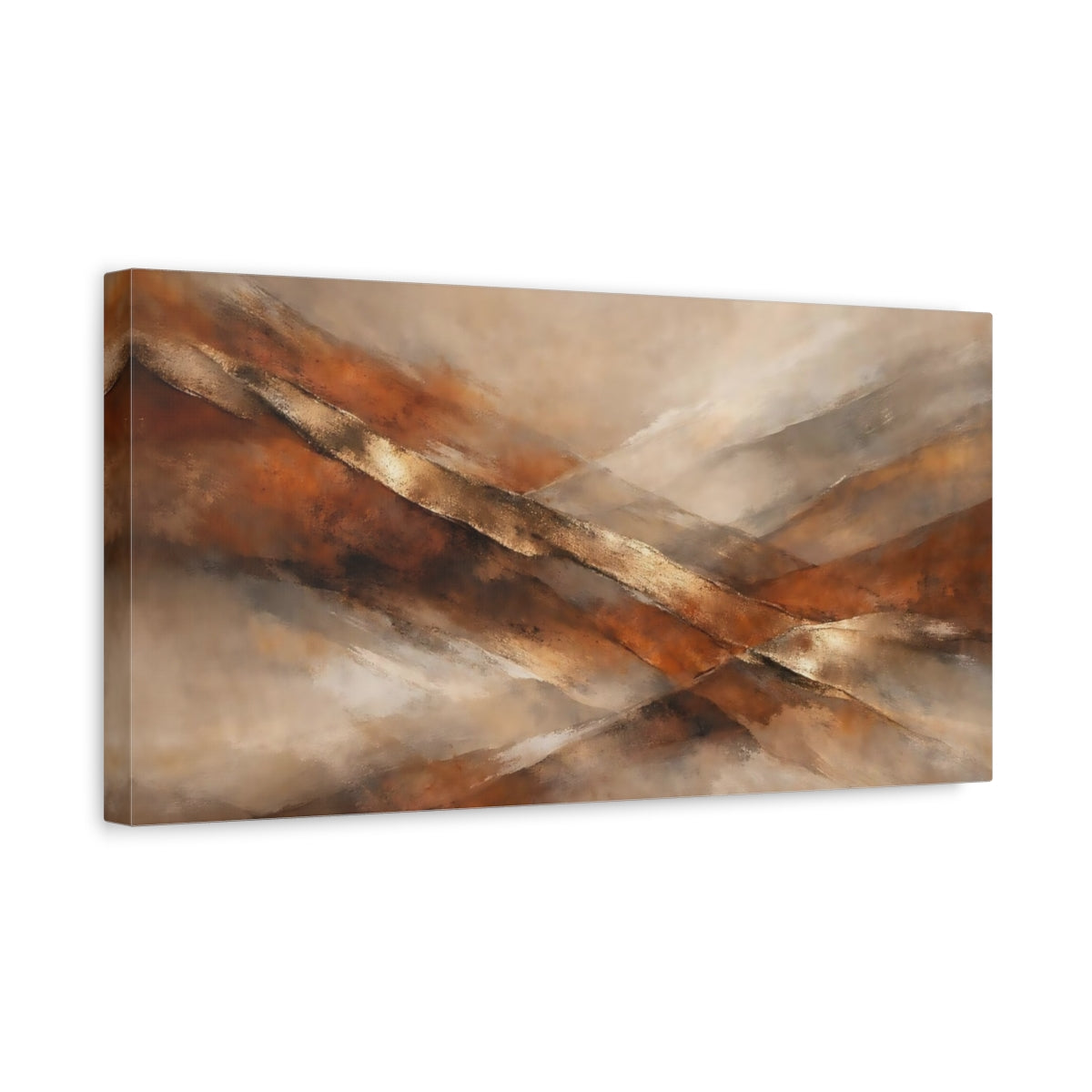 Side Mockup 3. Abstract Abstract Strokes Brown And Gold Abstract shown as stretched canvas wall art