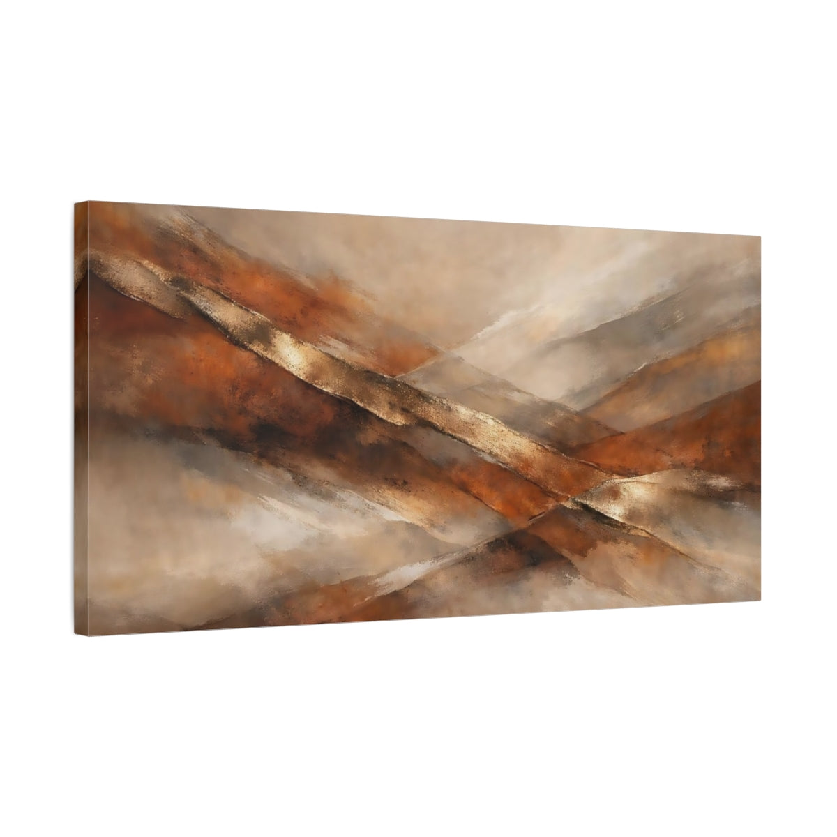 Side Mockup 2. Abstract Abstract Strokes Brown And Gold Abstract shown as stretched canvas wall art