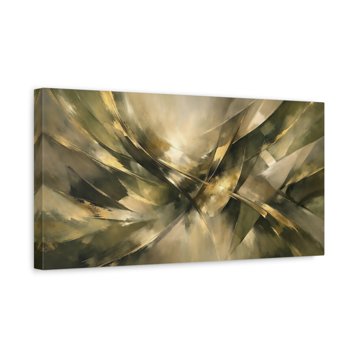 Side Mockup 3. Abstract Abstract Strokes Gold And Green Abstract shown as stretched canvas wall art