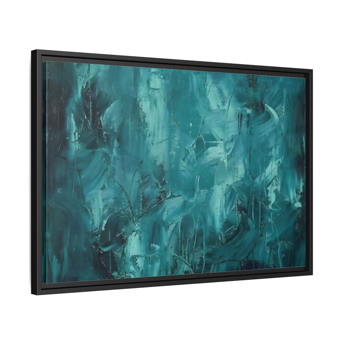 Side Mockup 14. Abstract Abstract Strokes Teal And Aqua shown as stretched canvas wall art