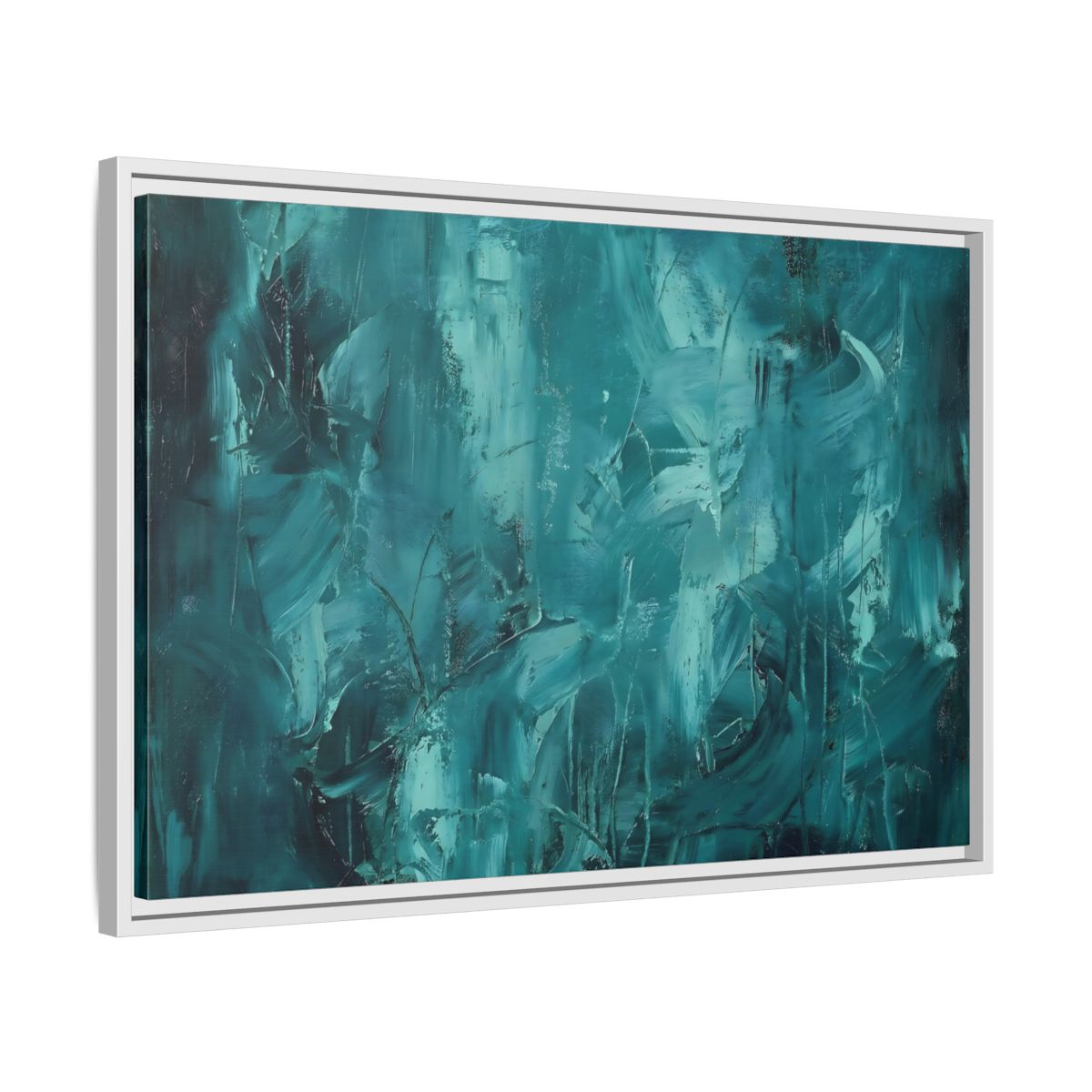 Side Mockup 10. Abstract Abstract Strokes Teal And Aqua shown as stretched canvas wall art