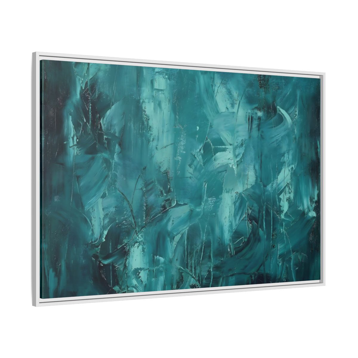 Side Mockup 7. Abstract Abstract Strokes Teal And Aqua shown as stretched canvas wall art