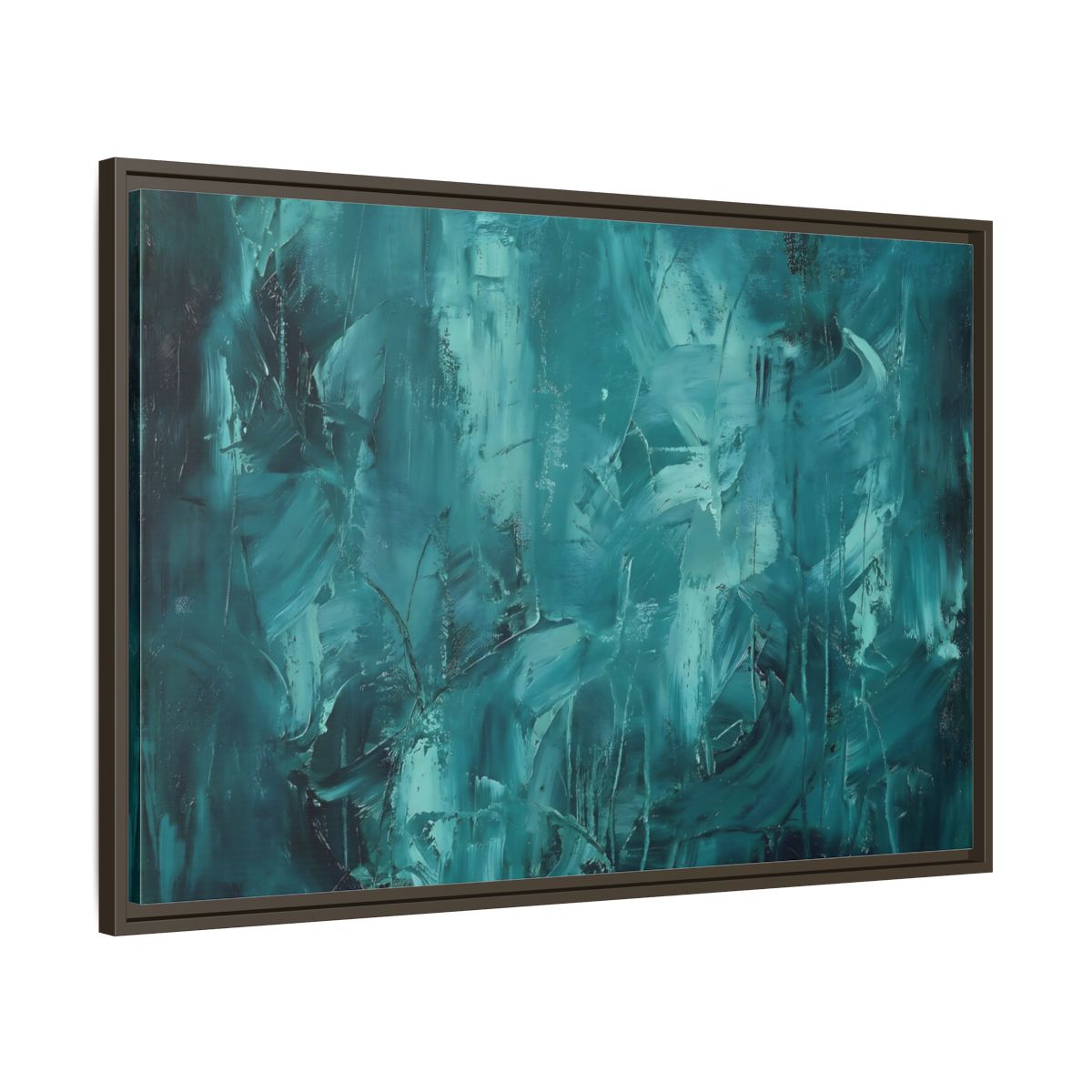 Side Mockup 9. Abstract Abstract Strokes Teal And Aqua shown as stretched canvas wall art
