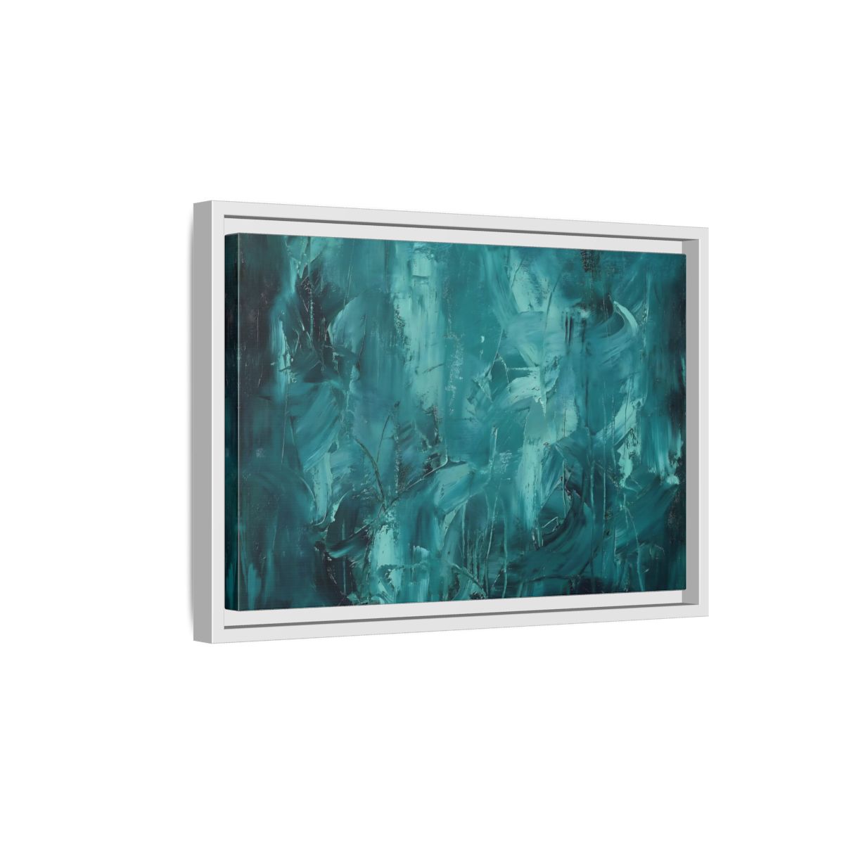 Side Mockup 4. Abstract Abstract Strokes Teal And Aqua shown as stretched canvas wall art