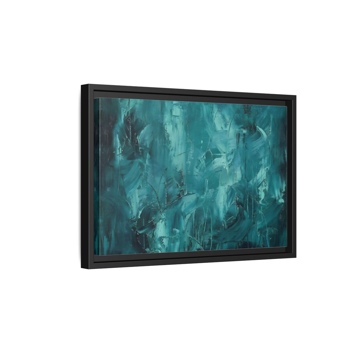 Side Mockup 6. Abstract Abstract Strokes Teal And Aqua shown as stretched canvas wall art