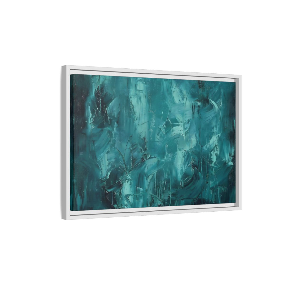 Side Mockup 1. Abstract Abstract Strokes Teal And Aqua shown as stretched canvas wall art
