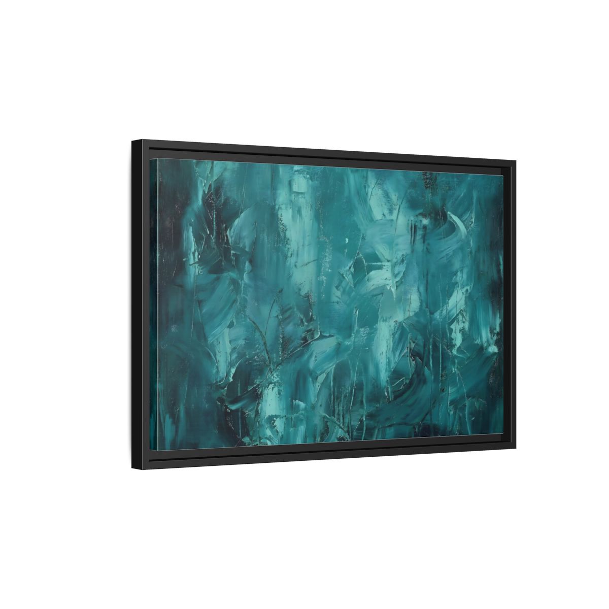 Side Mockup 3. Abstract Abstract Strokes Teal And Aqua shown as stretched canvas wall art
