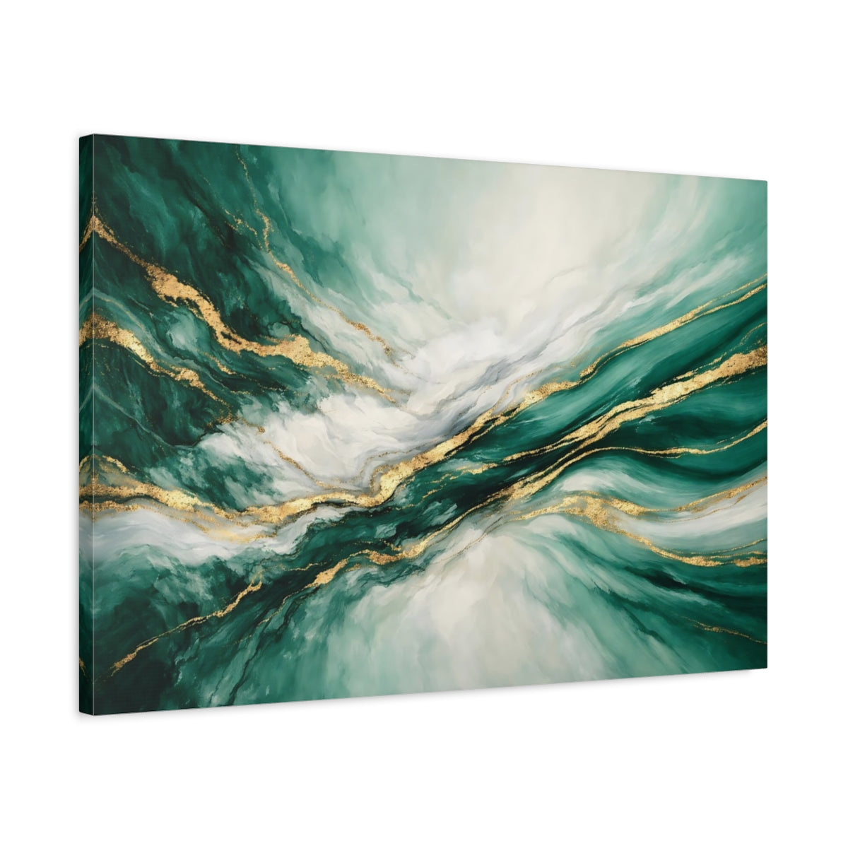Side Mockup 2. Abstract Abstract Swirls Emerald Gold Abstract shown as stretched canvas wall art