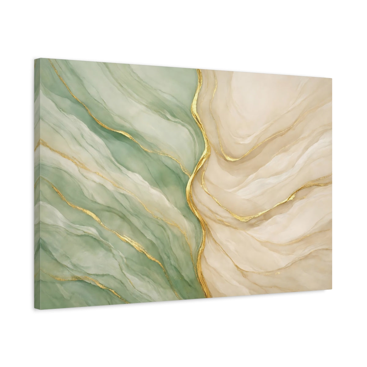 Side Mockup 2. Abstract Abstract Swirls Green Gold Abstract shown as stretched canvas wall art