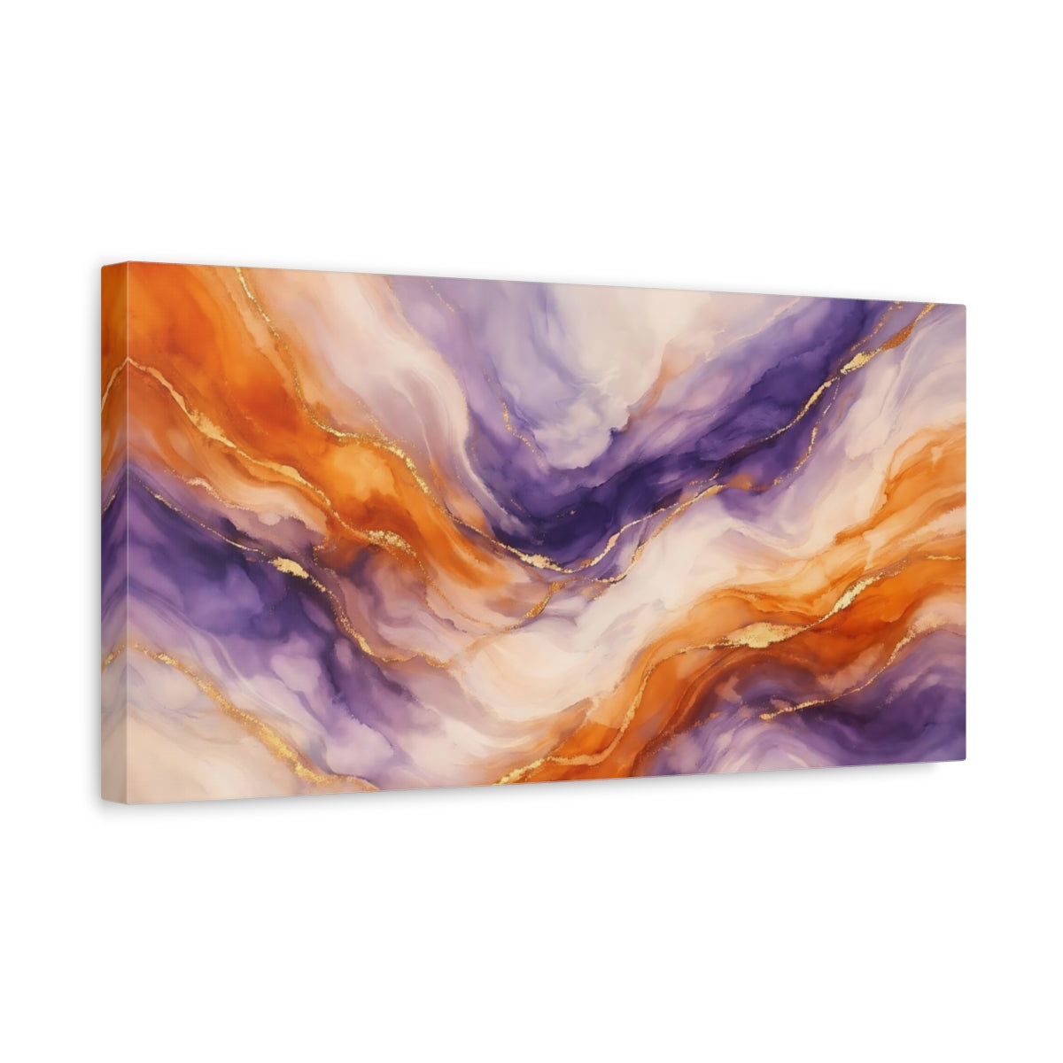 Side Mockup 3. Abstract Abstract Swirls Purple And Orange shown as stretched canvas wall art