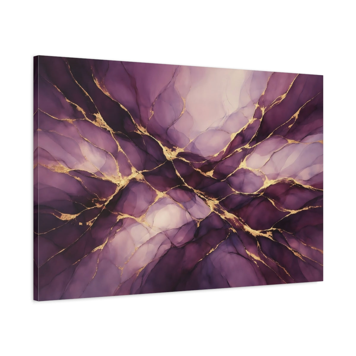 Side Mockup 1. Abstract Abstract Swirls Purple Gold Abstract shown as stretched canvas wall art