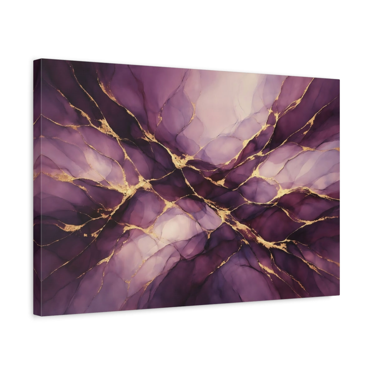 Side Mockup 3. Abstract Abstract Swirls Purple Gold Abstract shown as stretched canvas wall art
