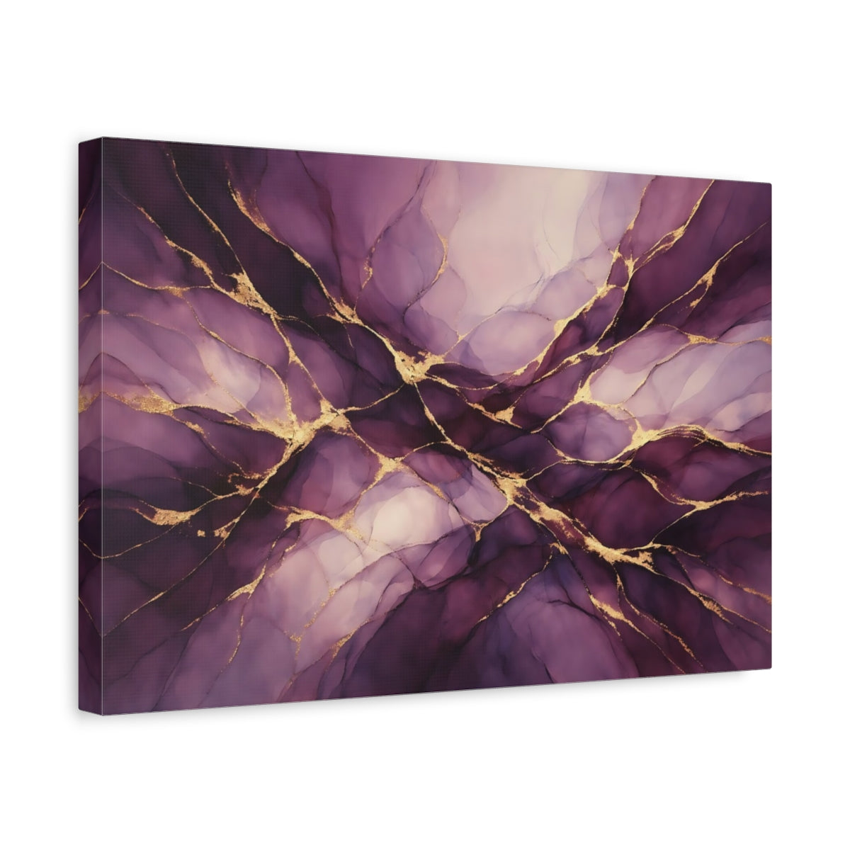 Side Mockup 4. Abstract Abstract Swirls Purple Gold Abstract shown as stretched canvas wall art