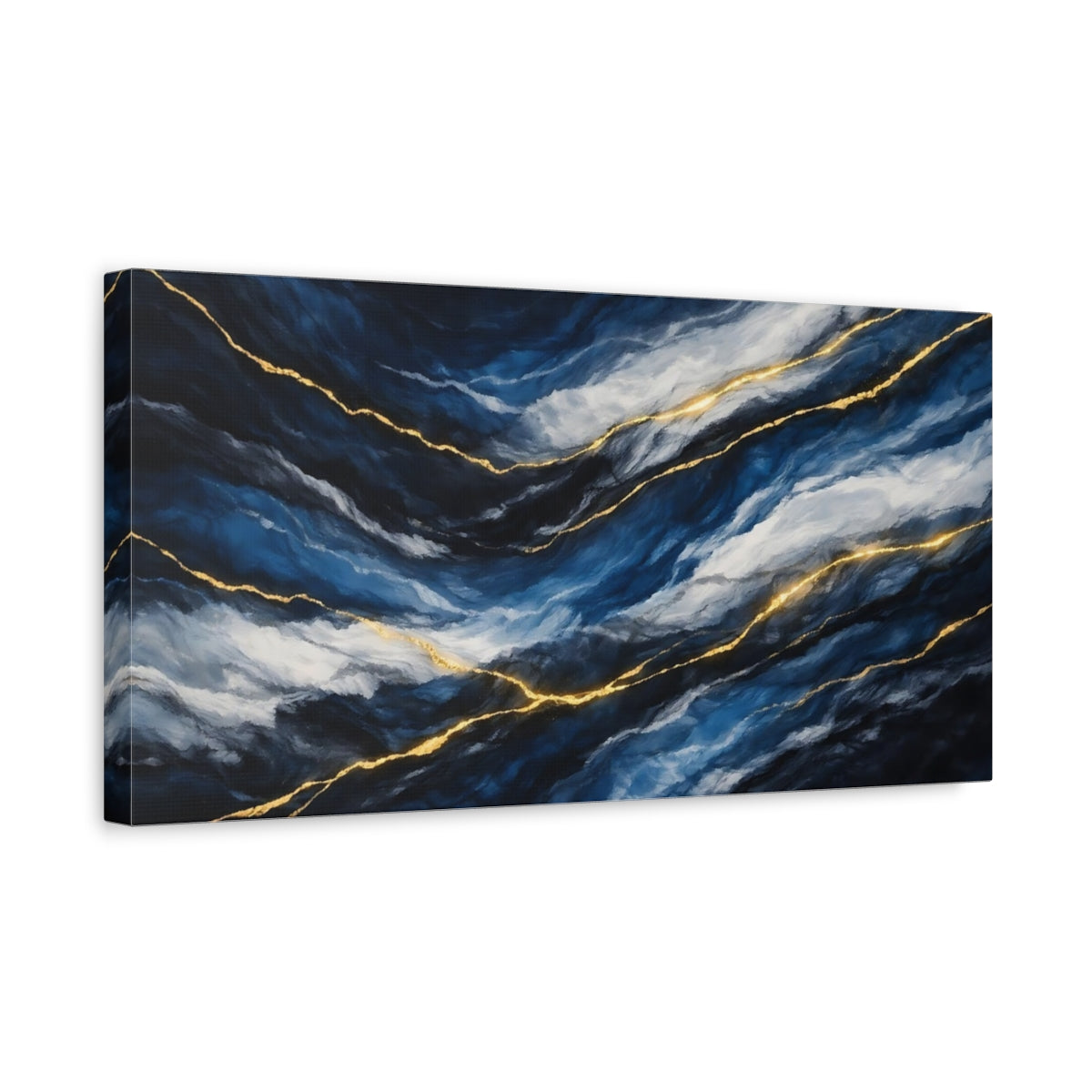 Side Mockup 3. Abstract Abstract Texture Blue And Gold shown as stretched canvas wall art