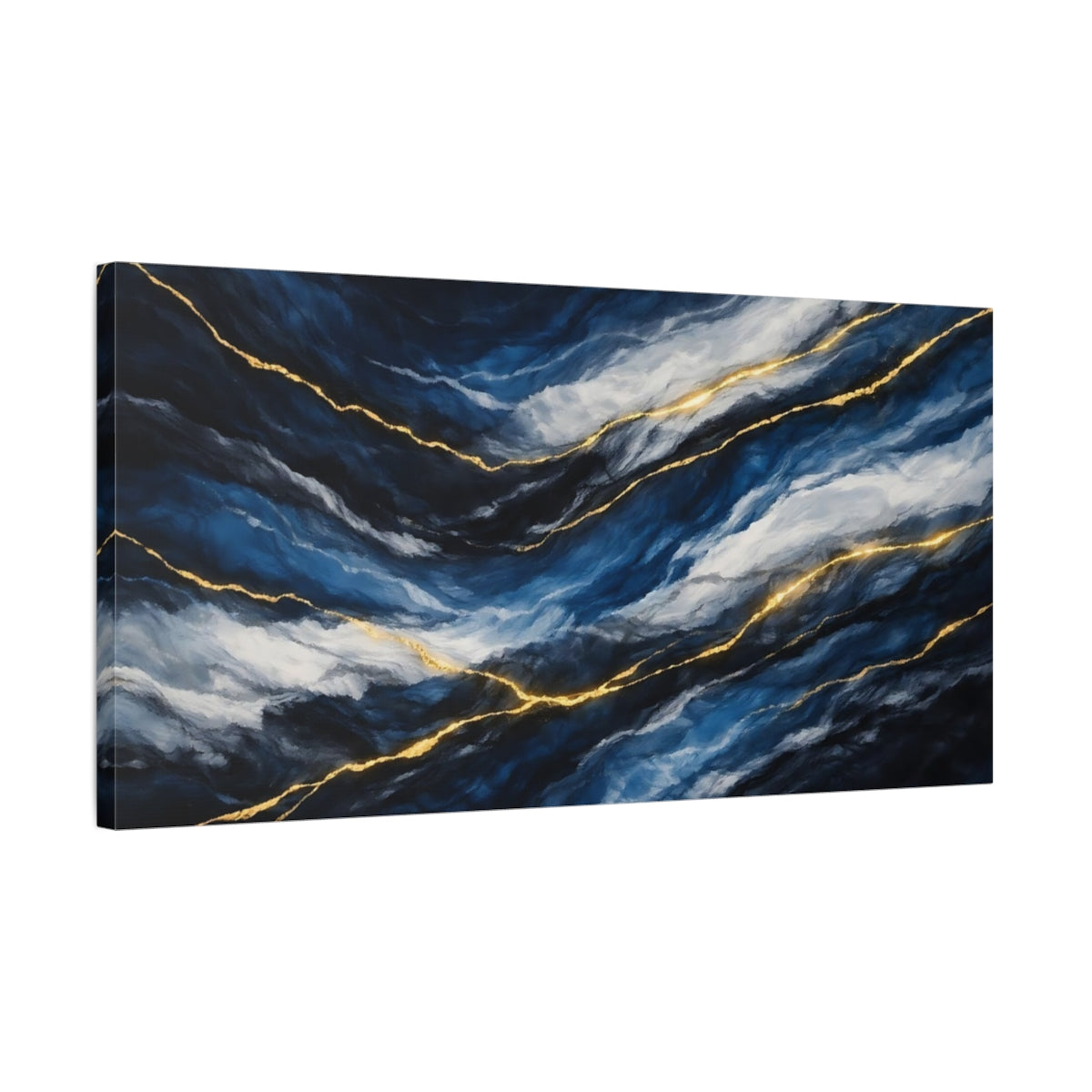 Side Mockup 2. Abstract Abstract Texture Blue And Gold shown as stretched canvas wall art