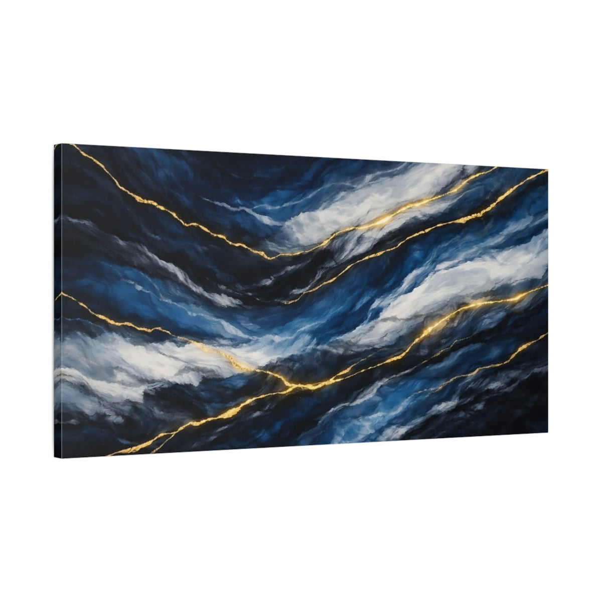 Side Mockup 1. Abstract Abstract Texture Blue And Gold shown as stretched canvas wall art
