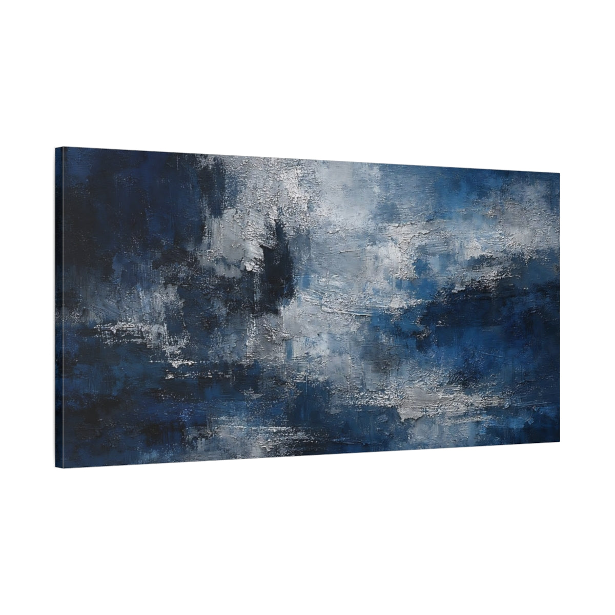 Side Mockup 1. Abstract Abstract Texture Deep Blue Abstract shown as stretched canvas wall art