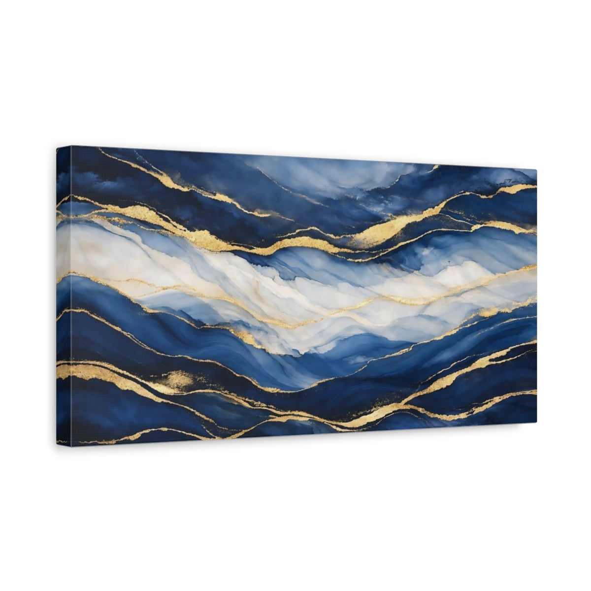 Side Mockup 3. Abstract Abstract Waves Blue And Gold shown as stretched canvas wall art